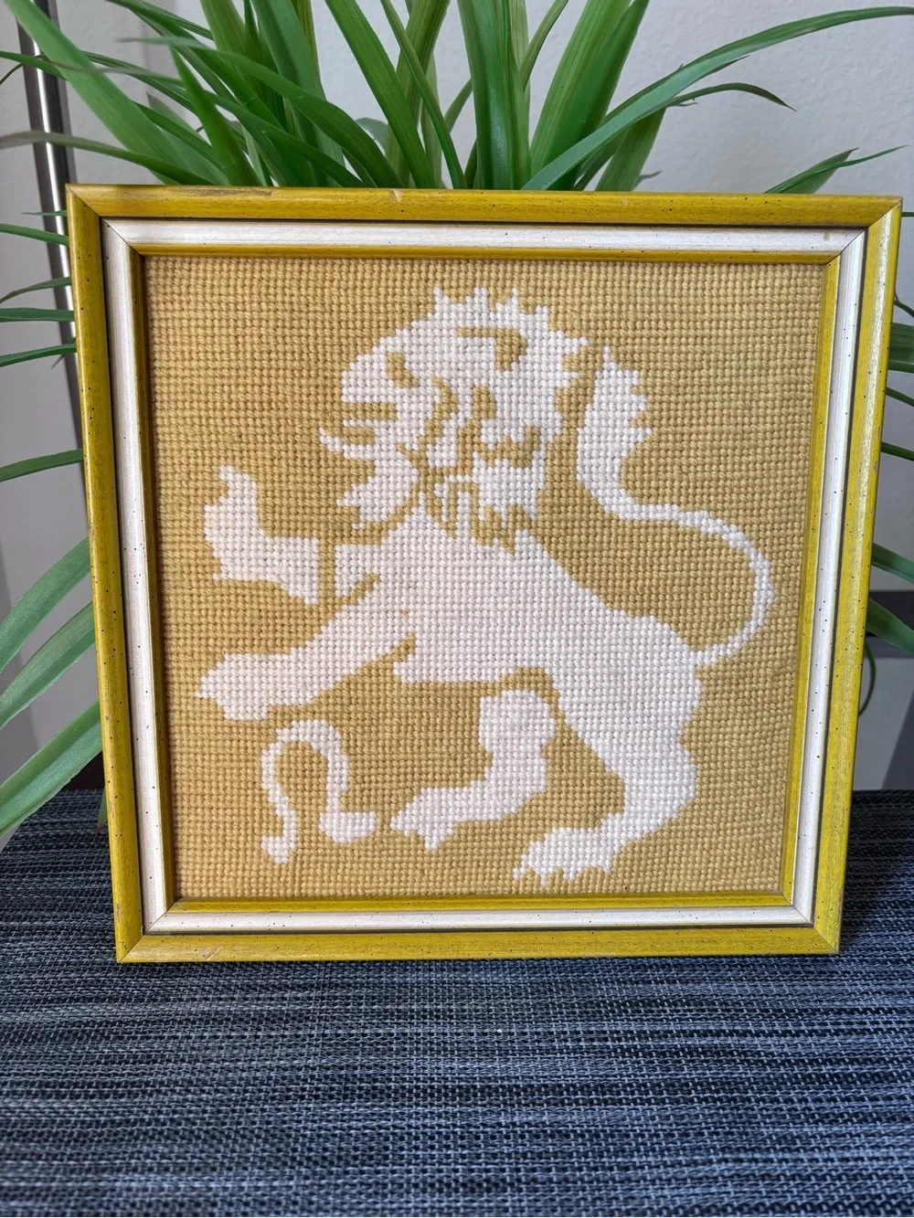 Handmade Lion Cross-Stitch Wall Art - White on Mustard